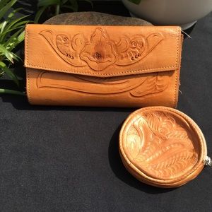Stamped leather wallet and coin purse.